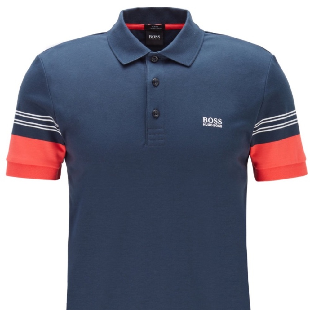 NWT Hugo Boss Blue Polo Shirt with Striped Sleeves